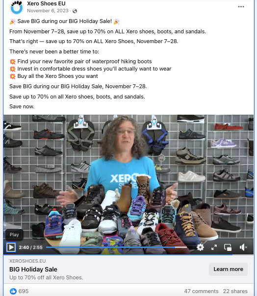 Best e-commerce Facebook Ads. Xero Shoes big holiday sale